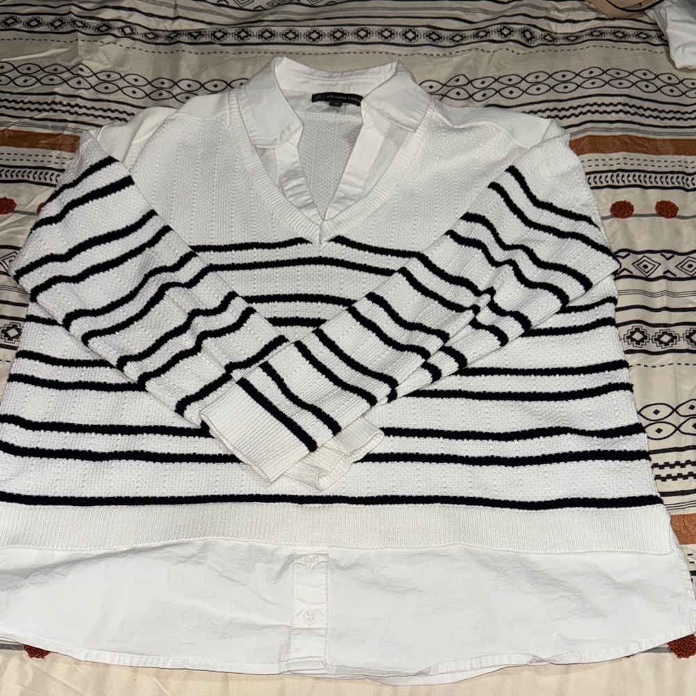 Striped V-Neck Sweater with Shirt Combo